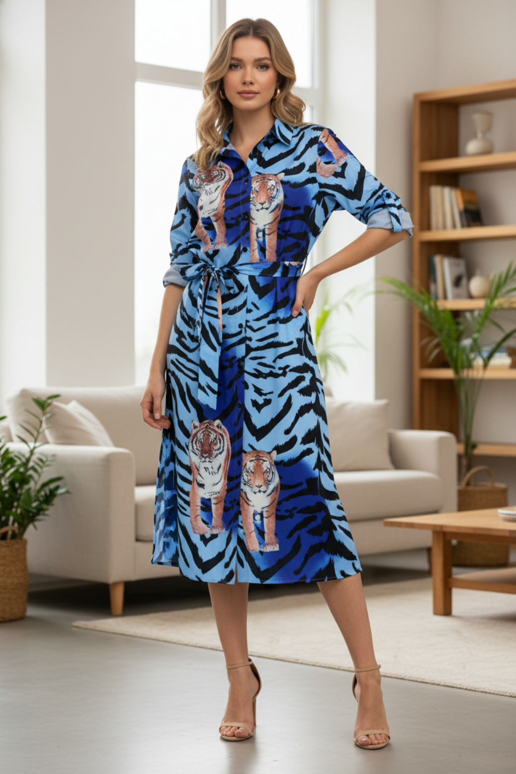 VESTIDO MIDI AZUL COM ESTAMPADO DE TIGRE - ALIBY