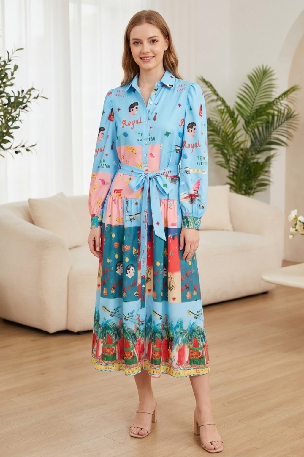 VESTIDO MIDI DE FUNDO AZUL COM ESTAMPADO ROYAL - ALIBY