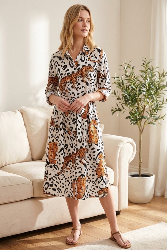 VESTIDO CAMISEIRO ESTAMPADO COM LEOPARDOS - ALIBY