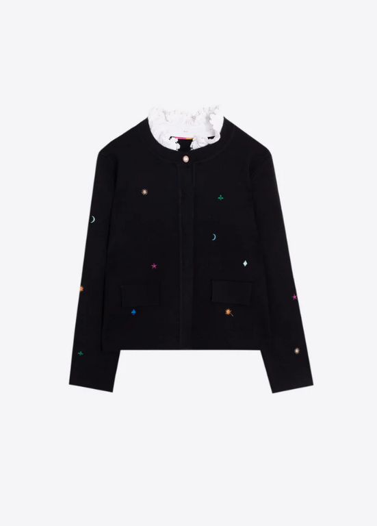 CARDIGAN PRETO DE MALHA COM BORDADOS MULTICOLOR - VILAGALLO