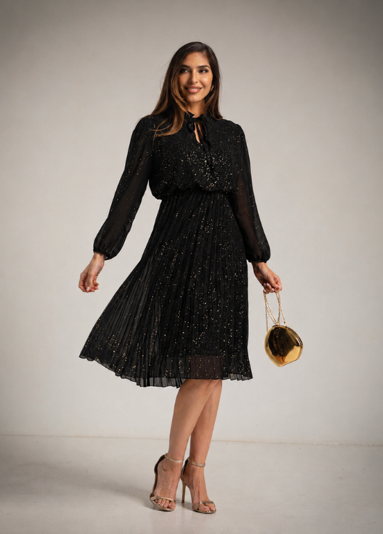 VESTIDO PLISSADO ELEGANTE COM BRILHOS - ALIBY