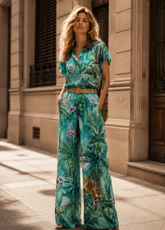 CALÇAS PANTALONAS FRESCAS COM ESTAMPADO JUNGLE - ALIBY