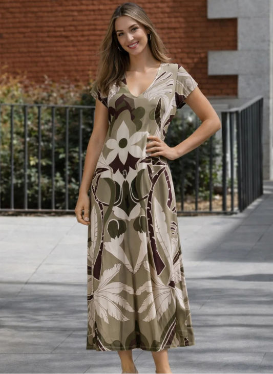 VESTIDO DE MALHA FRIA E ESTAMPADO FLORAL KAKI - ADET