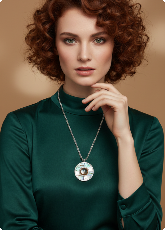 COLAR MANDALA EM AÇO INOXIDÁVEL COM MADRE PÉROLA - BASTTA