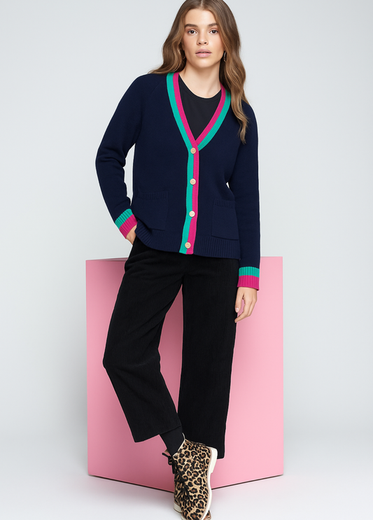 MALHA ALINA CARDIGAN MARINHO ROSA VERDE - VILAGALLO