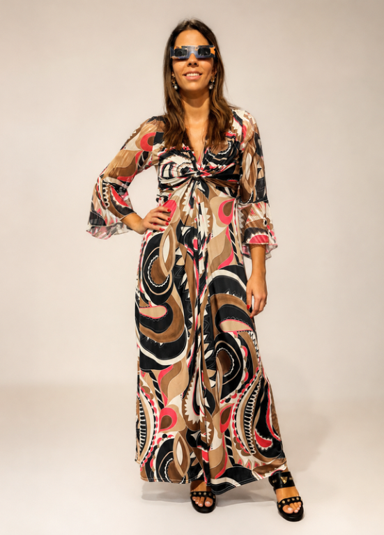 VESTIDO DE MALHA FRIA ESTAMPADO COM MANGAS ESVOAÇANTES - ALIBY
