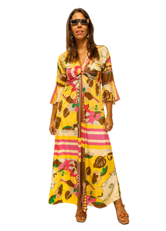 VESTIDO DE MALHA FRIA ESTAMPADO COM MANGAS ESVOAÇANTES - ALIBY