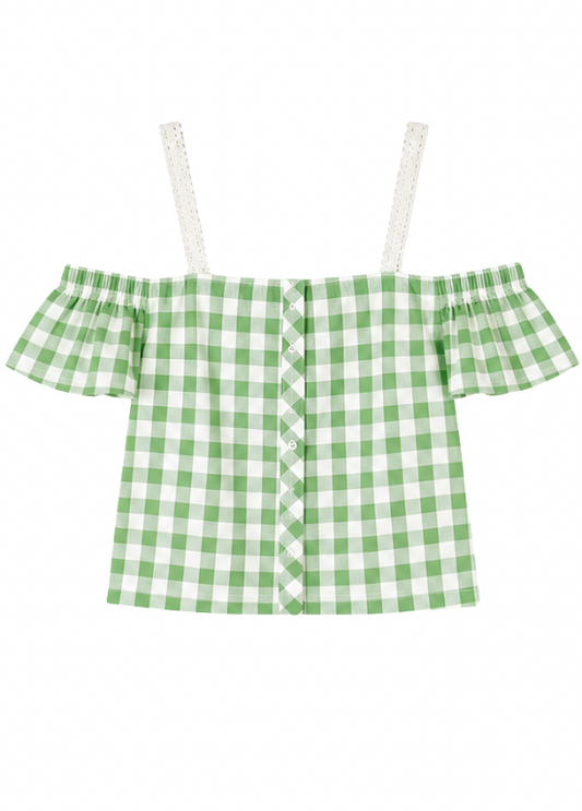 BLUSA COM PADRÃO XADREZ E ALÇAS EM RENDA - ALIBY