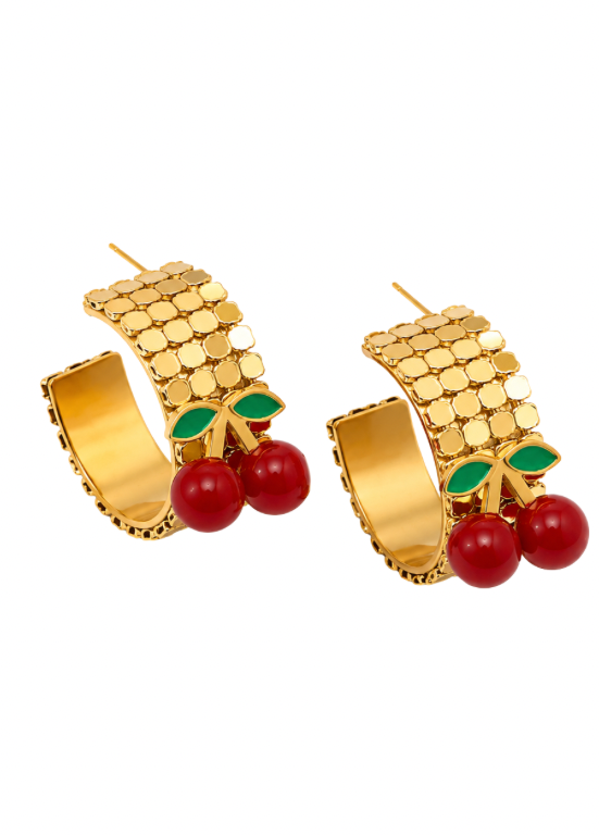 BRINCOS ARGOLA DOURADOS COM CEREJAS - ALIBY