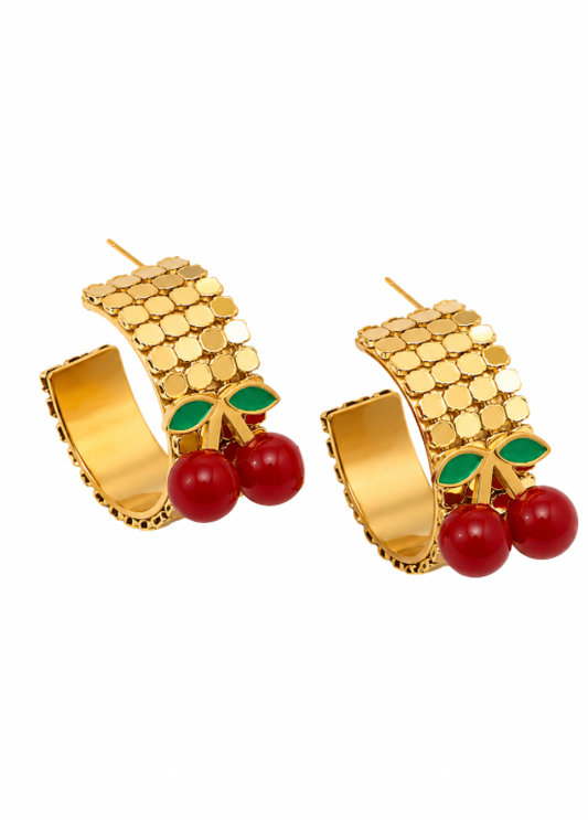 BRINCOS ARGOLA DOURADOS COM CEREJAS - ALIBY