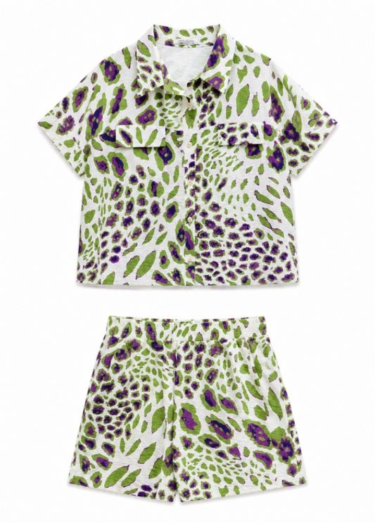 CONJUNTO ESTAMPADO ANIMAL PRINT VERDE E ROXO - ALIBY