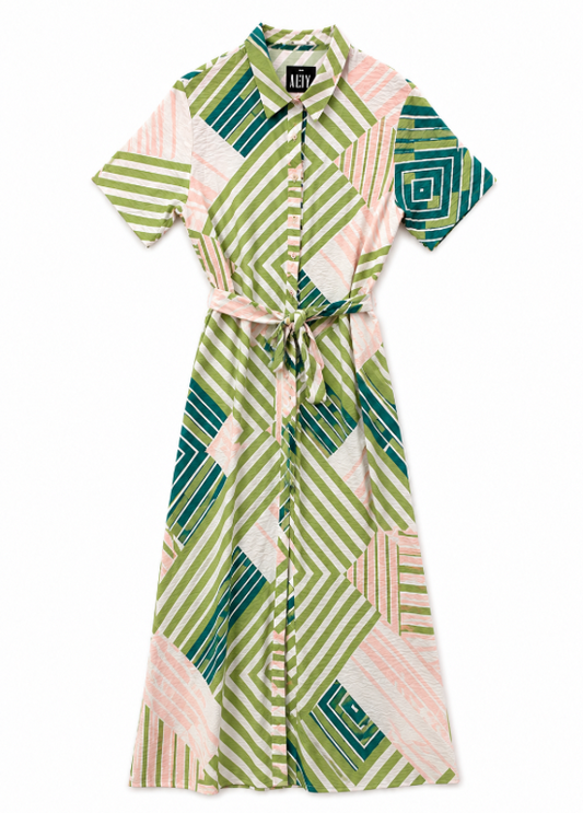 VESTIDO GEOMÉTRICO VERDE E ROSA - ALIBY