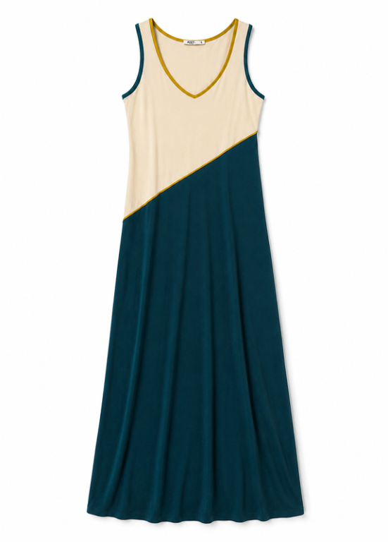 VESTIDO MAXI BICOLOR COM DECOTE EM V - ADET