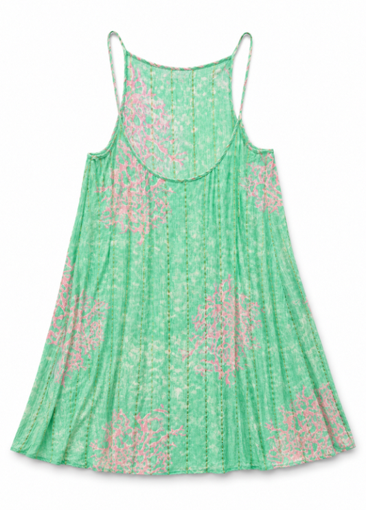 VESTIDO CURTO FLUIDO VERDE-ÁGUA COM ESTAMPADO DE CORAL - ALIBY