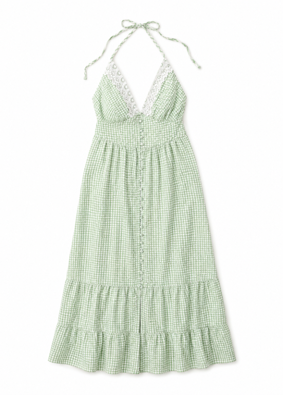 VESTIDO HALTER XADREZ VERDE COM RENDA - ALIBY