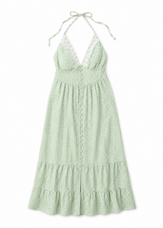 VESTIDO HALTER XADREZ VERDE COM RENDA - ALIBY