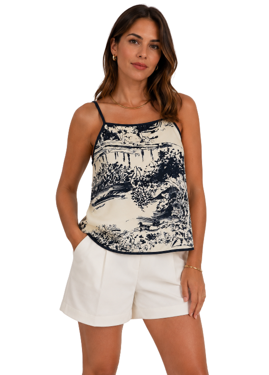 TOP DE ALÇAS OFF-WHITE COM ESTAMPADO EM AZUL MARINHO - OPERÀ