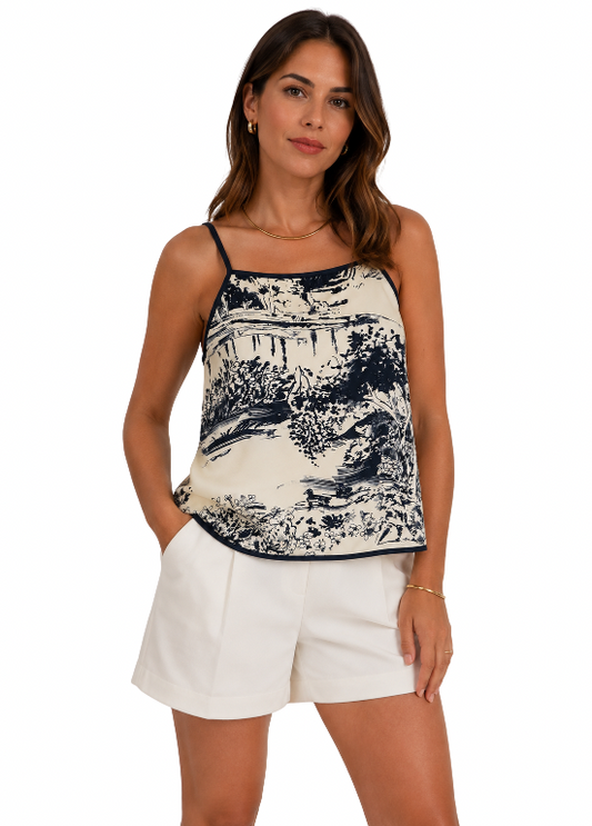 TOP DE ALÇAS OFF-WHITE COM ESTAMPADO EM AZUL MARINHO - OPERÀ