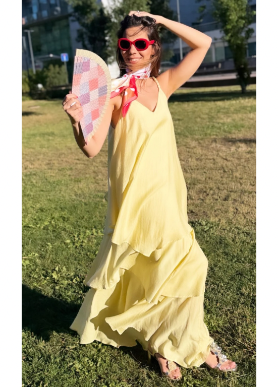 VESTIDO AMARELO COM BABADOS EM CAMADA E ALÇAS ENTRELAÇADAS .- ALIBY