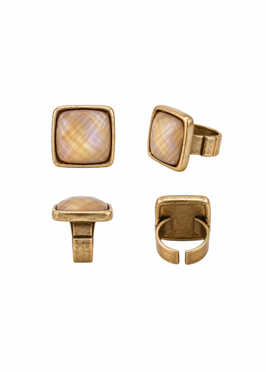 ANEL QUADRADO DOURADO COM PEDRA FACETADA - ALIBY