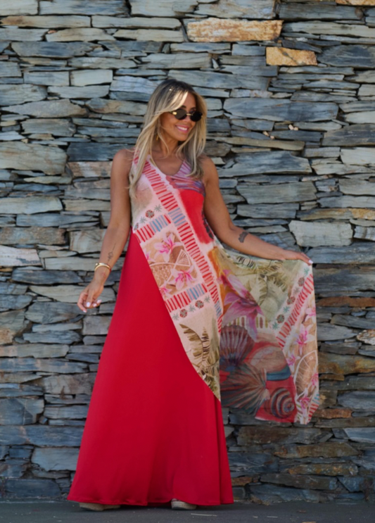 VESTIDO VERMELHO COM SOBREPOSIÇÃO ESTAMPADO - TROPICAL BRASIL