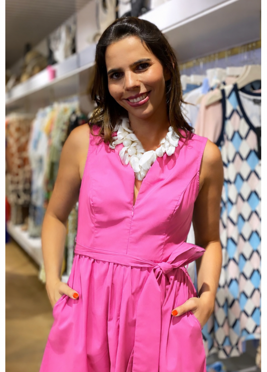 VESTIDO EM ALGODÃO COM CINTO, ZIPPER FRONTAL E CORTE ROMÂNTICO - ALIBY