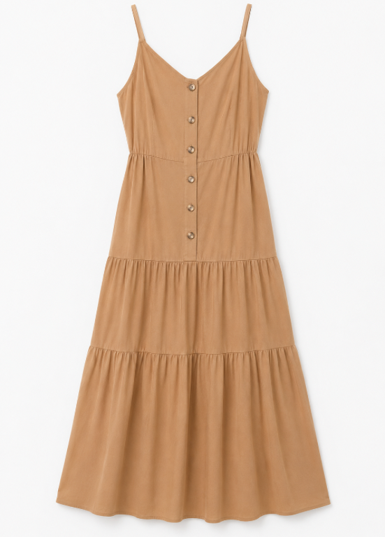 VESTIDO EM RAYON CAMEL DE ALÇAS - ALIBY