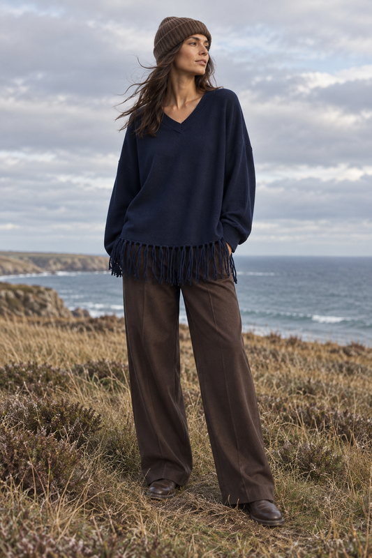 CAMISOLA DE MALHA AZUL COM FRANJAS - BARBARA LEBEK