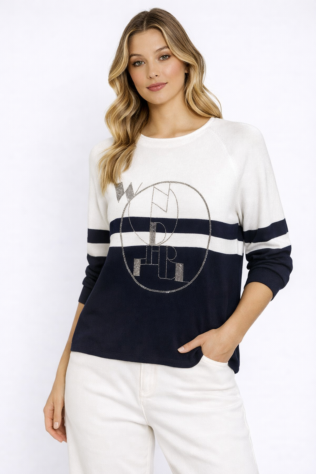 CAMISOLA BICOLOR BRANCO E MARINHO COM APLICAÇÃO BRILHANTE - BÁRBARA LEBEK