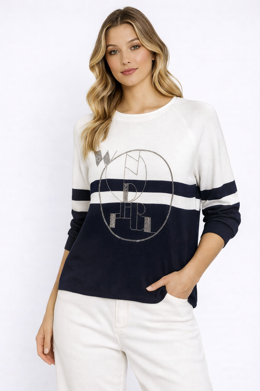 CAMISOLA BICOLOR BRANCO E MARINHO COM APLICAÇÃO BRILHANTE - BÁRBARA LEBEK