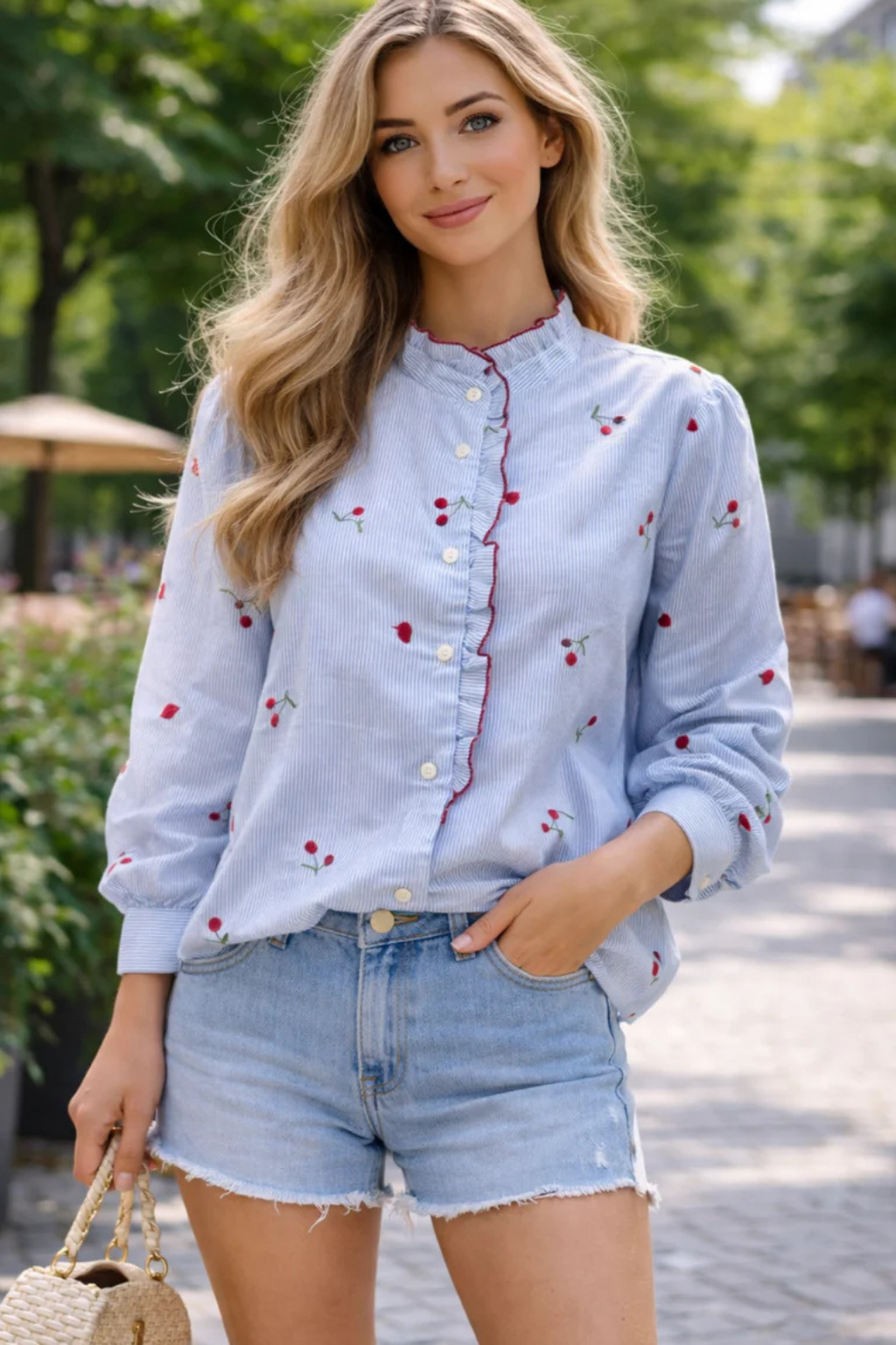 CAMISA AZUL ÀS RISCAS COM BORDADOS E FOLHOS - ALIBY